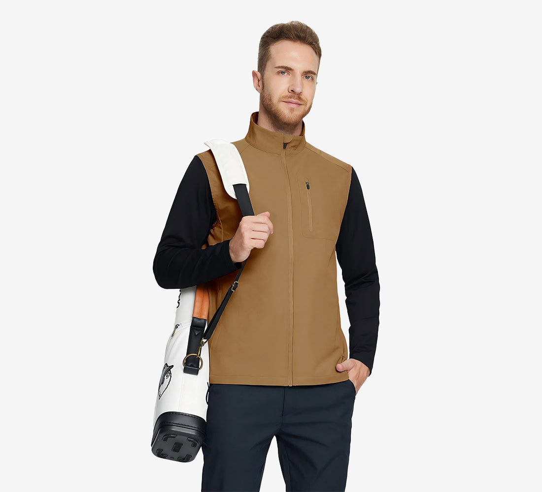 Windproof Golf Vests with Zip Pockets - Brown