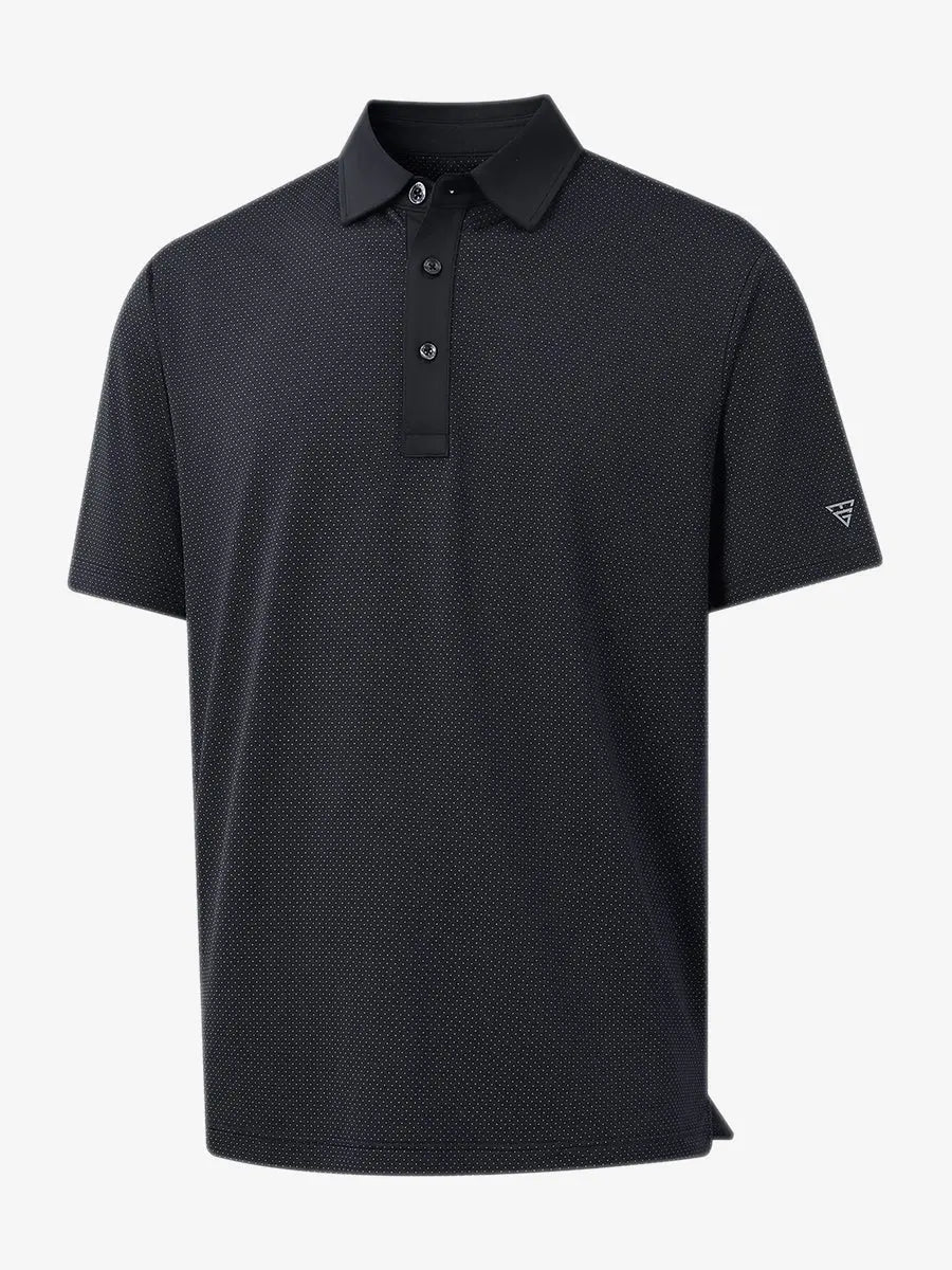 3D rendering of BLACK 4 Way Stretch Jacquard Polo highlighting fabric structure and stretch weave