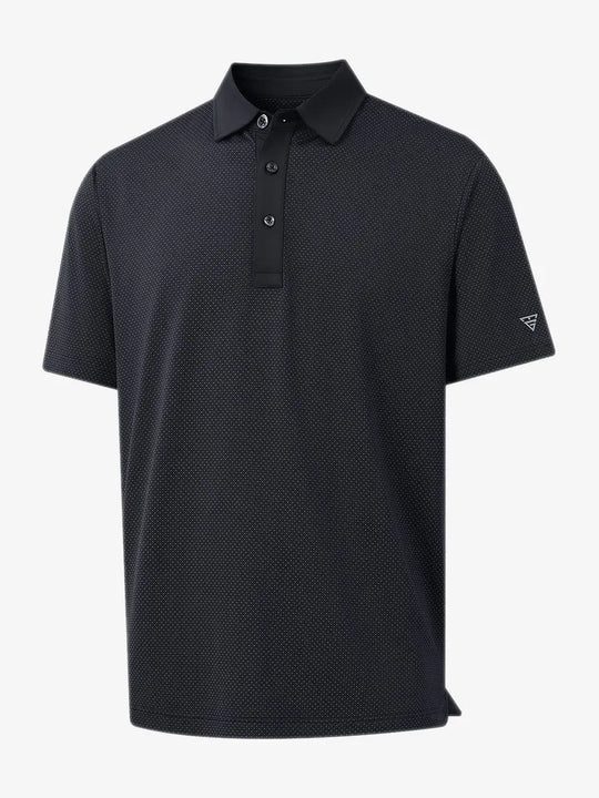 3D rendering of BLACK 4 Way Stretch Jacquard Polo highlighting fabric structure and stretch weave