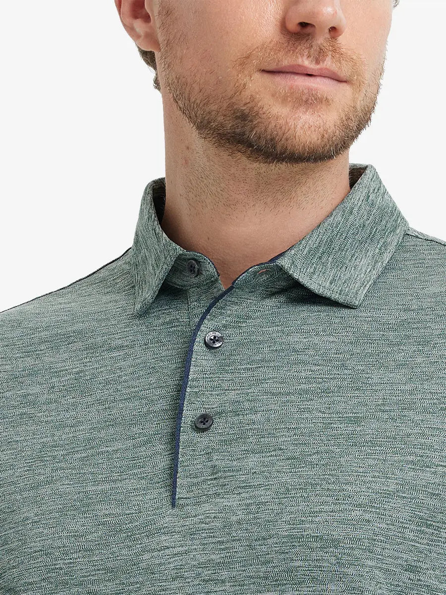 Close-up of Modern Fit Melange Polo front (nose to chest) in TURQUOISE HEATHER, showing vibrant melange texture.