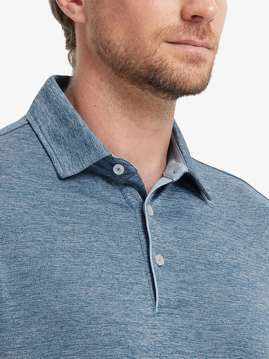 Close-up of Modern Fit Melange Polo front (nose to chest) in GRAYISH BLUE HEATHER, showing melange texture.