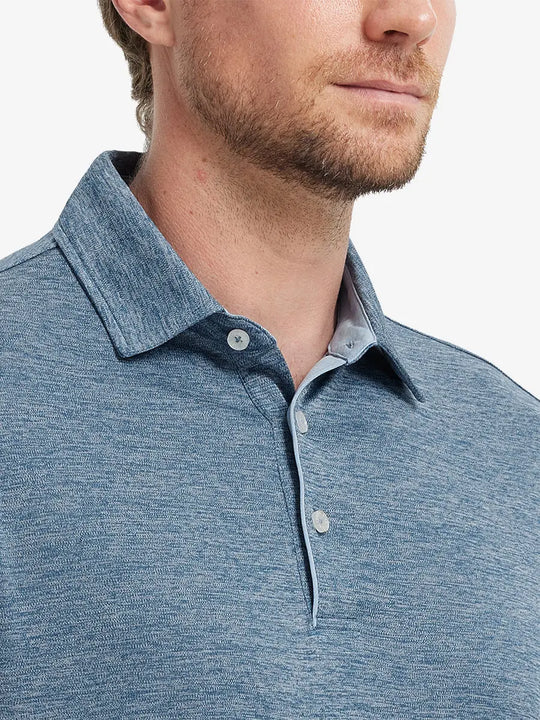 Close-up of Modern Fit Melange Polo front (nose to chest) in GRAYISH BLUE HEATHER, showing melange texture.
