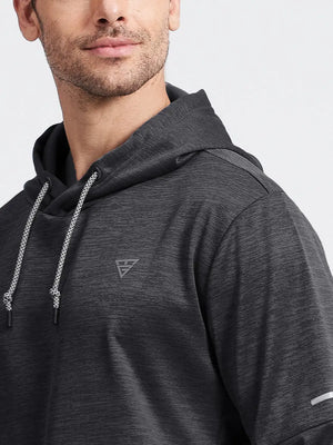 Close-up front view from nose to chest showing Soft Heather Hoodies Pullover in DARK GREY HEATHER