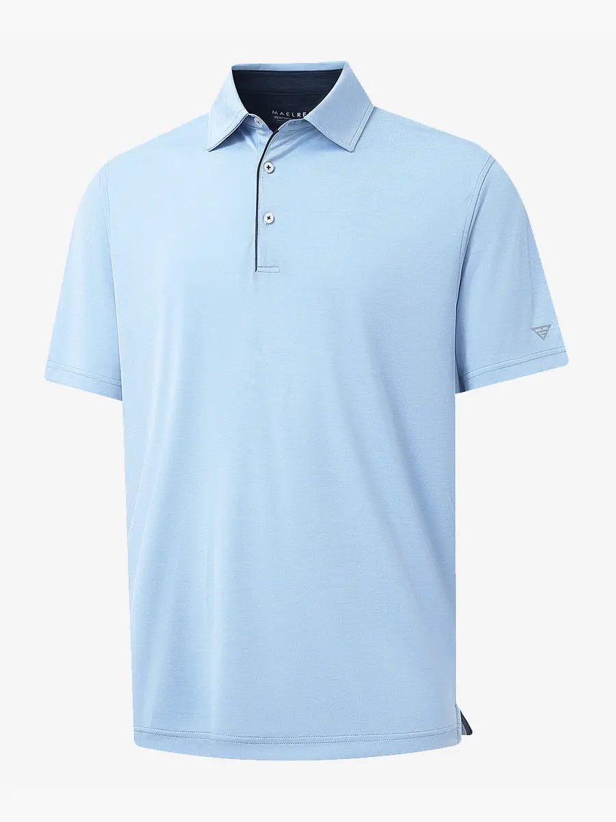 3D view highlighting Modern Fit Melange Polo in LIGHT BLUE HEATHER, showcasing fabric weave and fit.