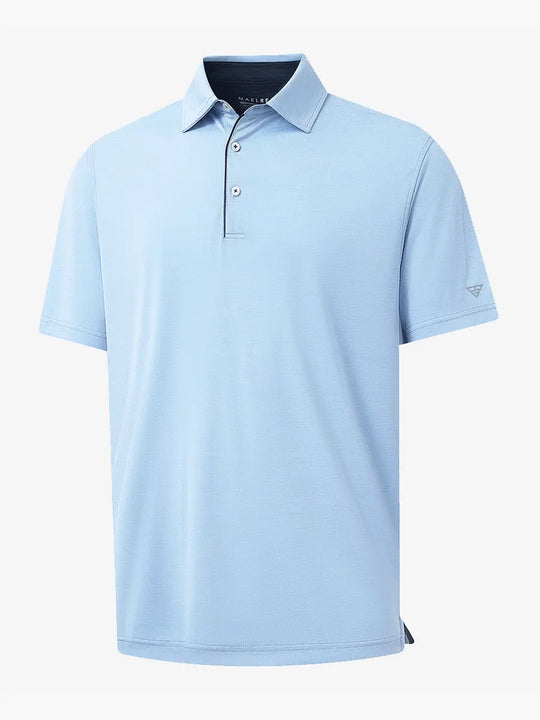 3D view highlighting Modern Fit Melange Polo in LIGHT BLUE HEATHER, showcasing fabric weave and fit.