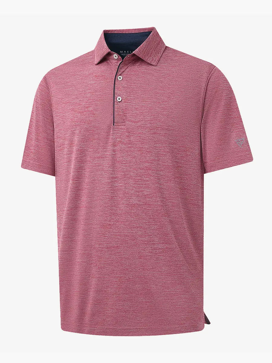 3D view highlighting Modern Fit Melange Polo in DUSTY ROSE HEATHER, showcasing weave and tailored fit.