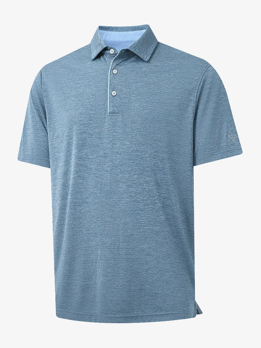 3D view highlighting Modern Fit Melange Polo in GRAYISH BLUE HEATHER, showcasing weave and tailored fit.