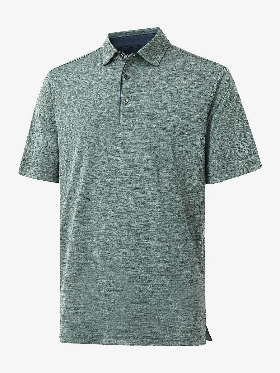3D view highlighting Modern Fit Melange Polo in TURQUOISE HEATHER, showcasing fabric weave and tailored fit.