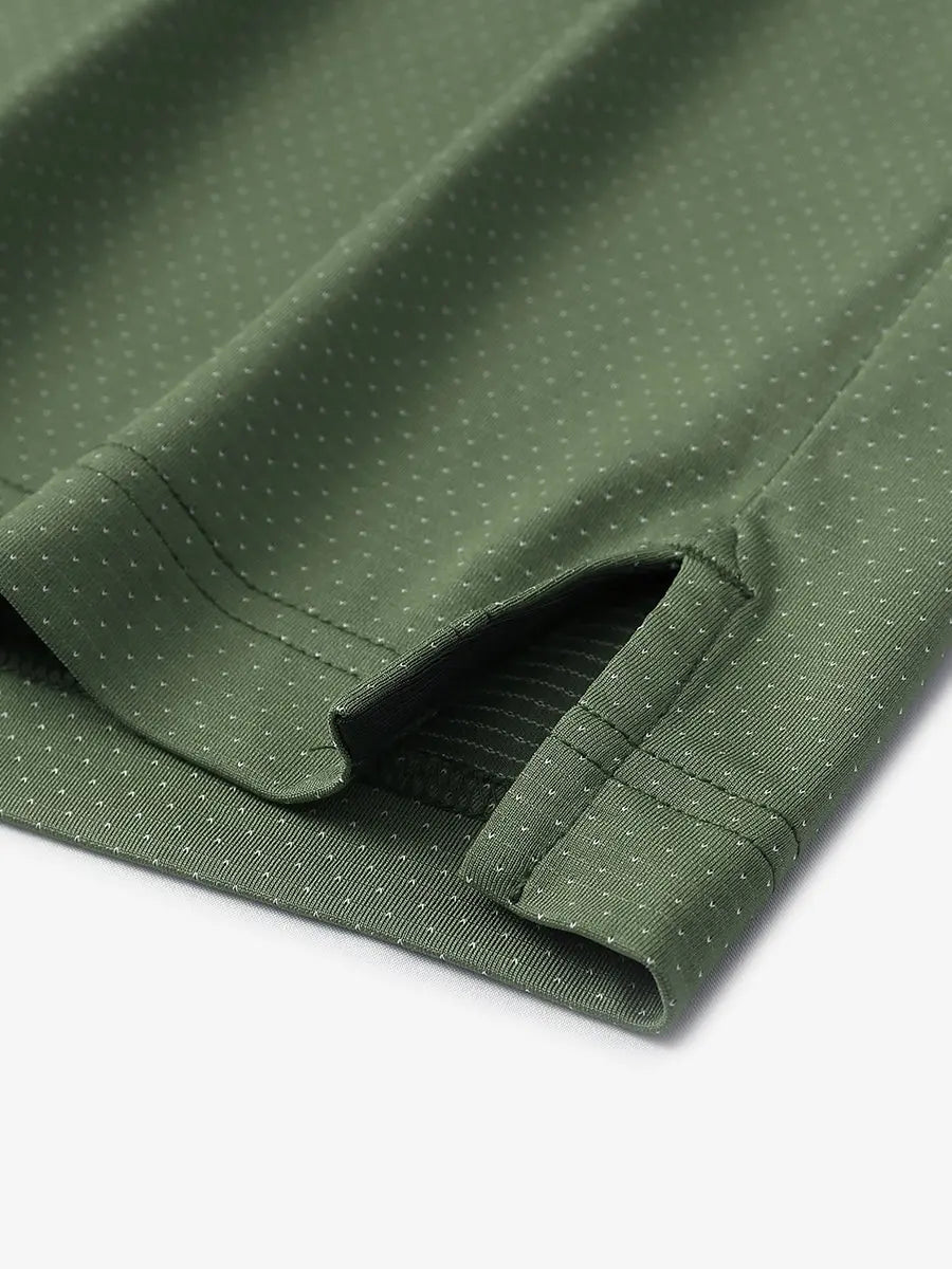 Detail of side slit hem on DARK GREEN 4 Way Stretch Jacquard Polo — clean stitching and stretch finish