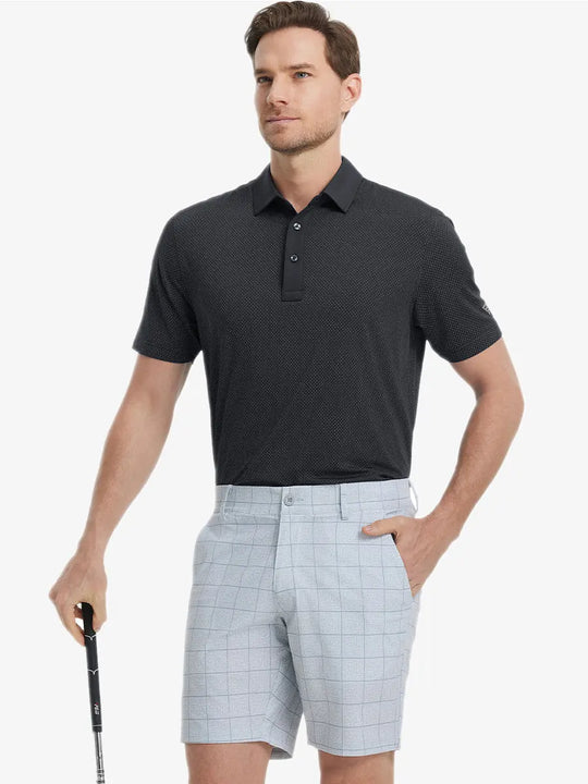 Model in BLACK Jacquard Polo posing with golf club — active and athletic on the front view