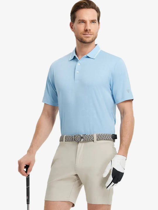 Model wearing Modern Texture Stylish Polo in SKY BLUE, front half-body view holding golf club.