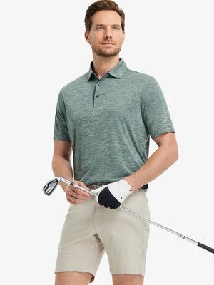 Model in Modern Fit Melange Polo TURQUOISE HEATHER, front half-body holding golf club with confident pose.