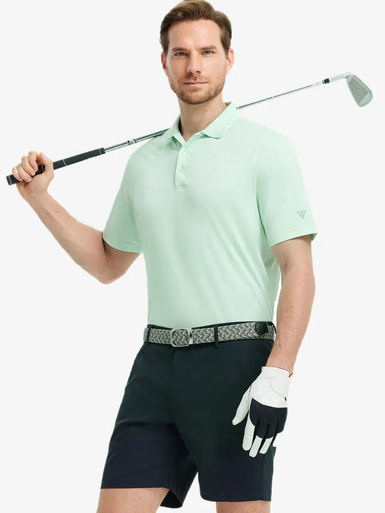 Model wearing Modern Texture Stylish Polo in MINT GREEN, front half-body view holding golf club.