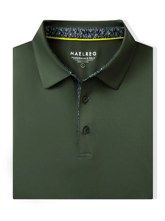 Folded Olive Green Everyday Classic Solid Polo neatly laid out for display