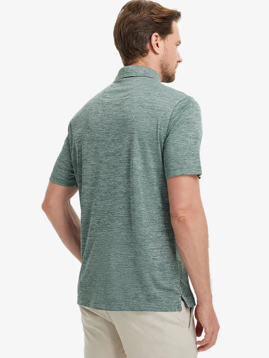 Rear half-body view of Modern Fit Melange Polo in TURQUOISE HEATHER, showing neat fit and fabric details.