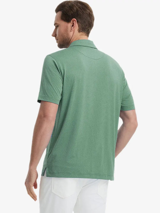 Back view from waist up showing the fit of BERYL GREEN 4 Way Stretch Jacquard Polo on model
