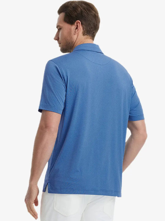 Back view from waist up showing the fit of BLUE 4 Way Stretch Jacquard Polo on model