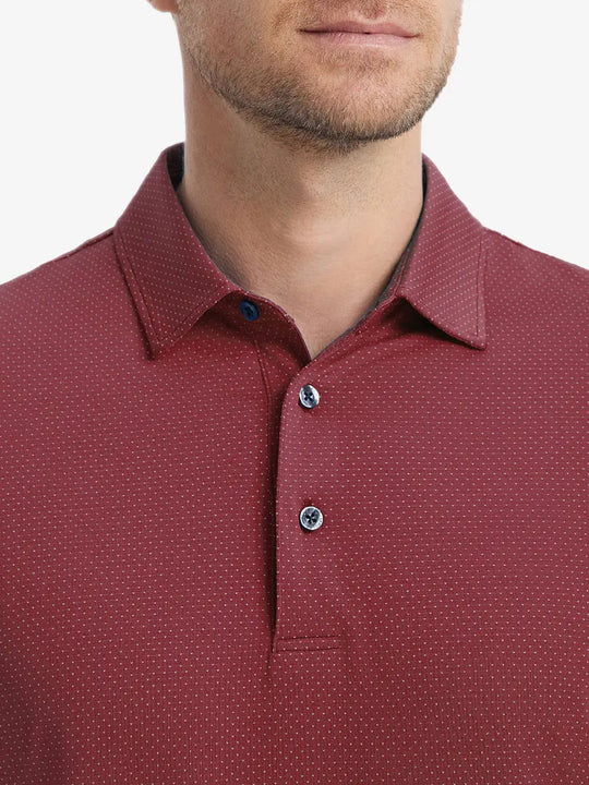 Close-up front shot from nose to chest of model wearing WINE 4 Way Stretch Jacquard Polo