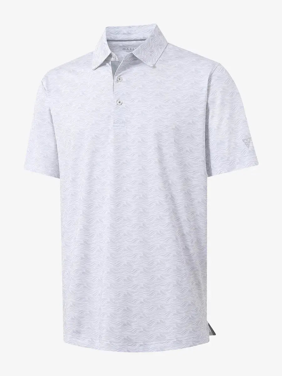 3D view of MAELREG Performance Jersey Print Polo in White Grey Sea Wave – breathable golf fabric