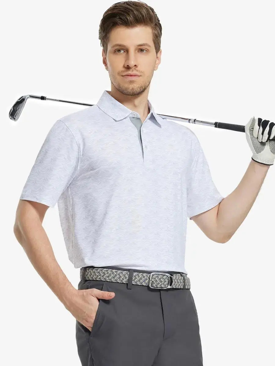 MAELREG Men's Performance Jersey Print Polo in White Grey Sea Wave – front half-body with golf pose