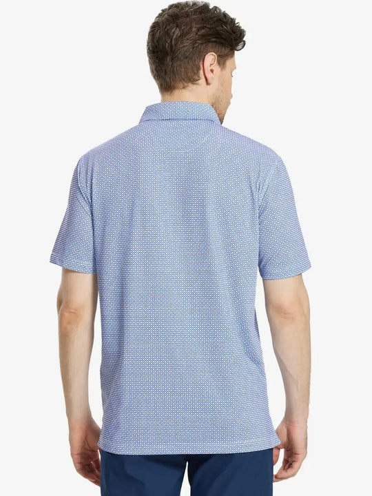 Back view of MAELREG Men's Performance Jersey Print Polo in White Blue Circle – athletic fit
