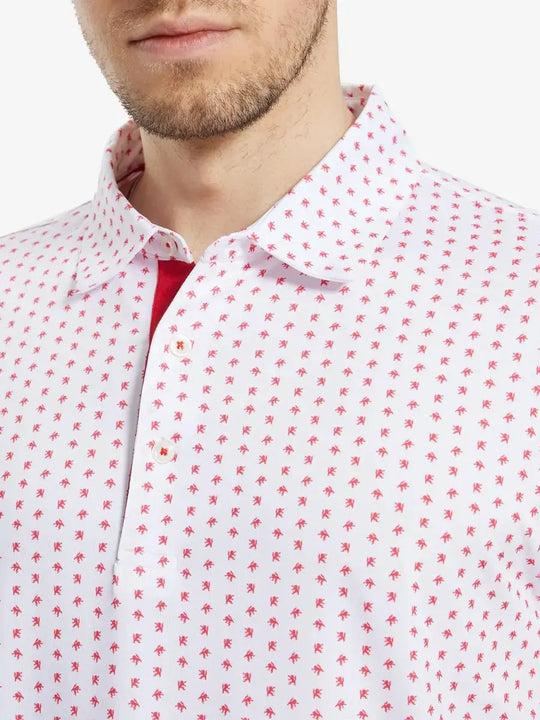 MAELREG Men's Performance Jersey Print Polo – Front chest view in White Red Lion