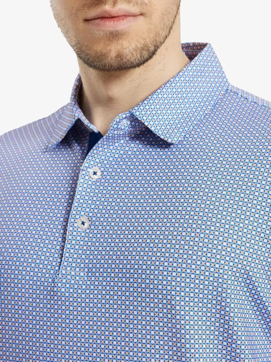 MAELREG Men's Performance Jersey Print Polo – Front chest view in White Blue Circle