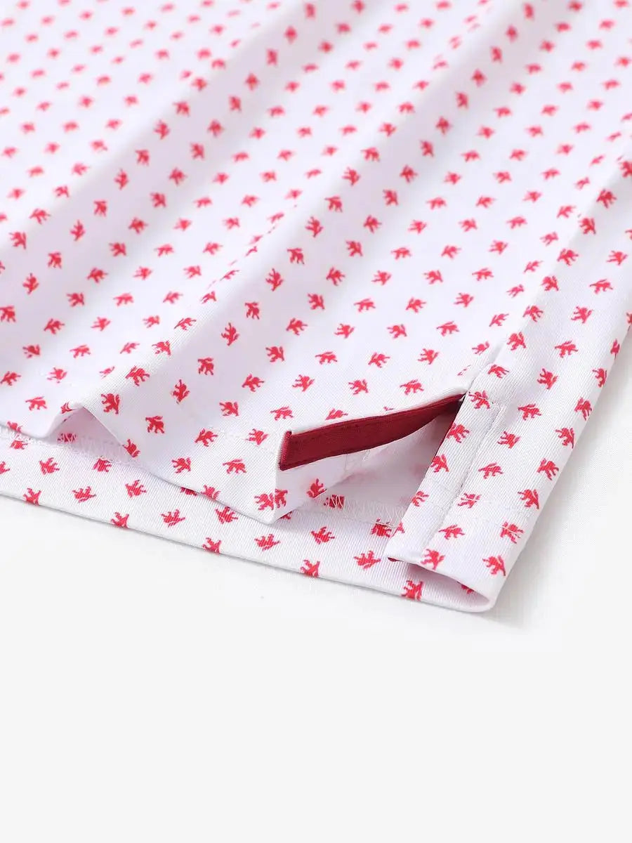 Hem slit detail of MAELREG Performance Jersey Print Polo in White Red Lion – comfort & movement