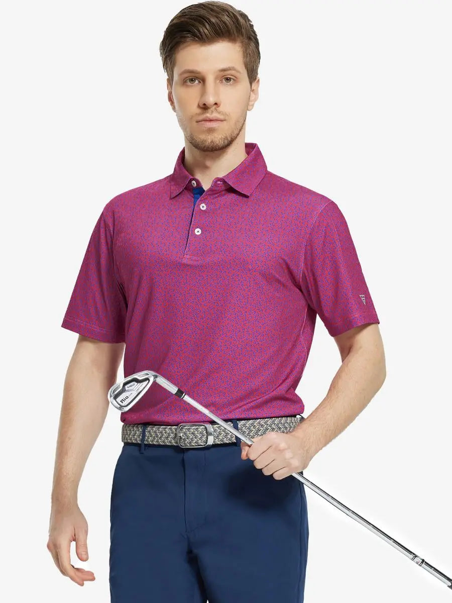 MAELREG Men's Performance Jersey Print Polo in Rose Abstract Figure – front half-body with golf pose
