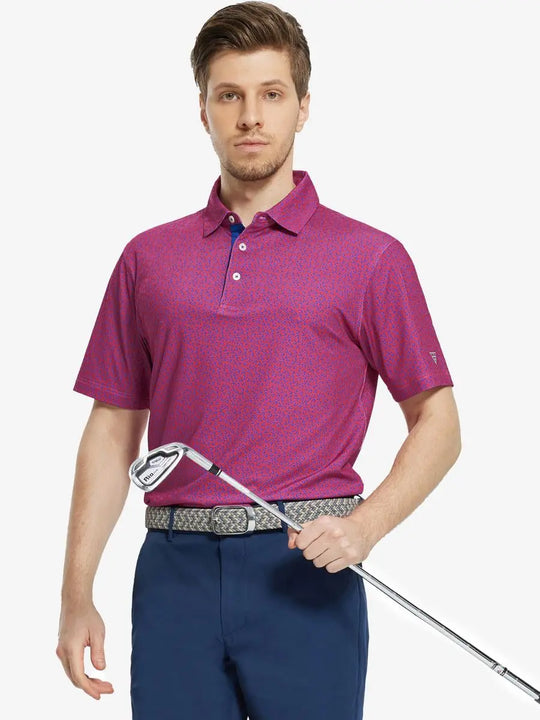 MAELREG Men's Performance Jersey Print Polo in Rose Abstract Figure – front half-body with golf pose