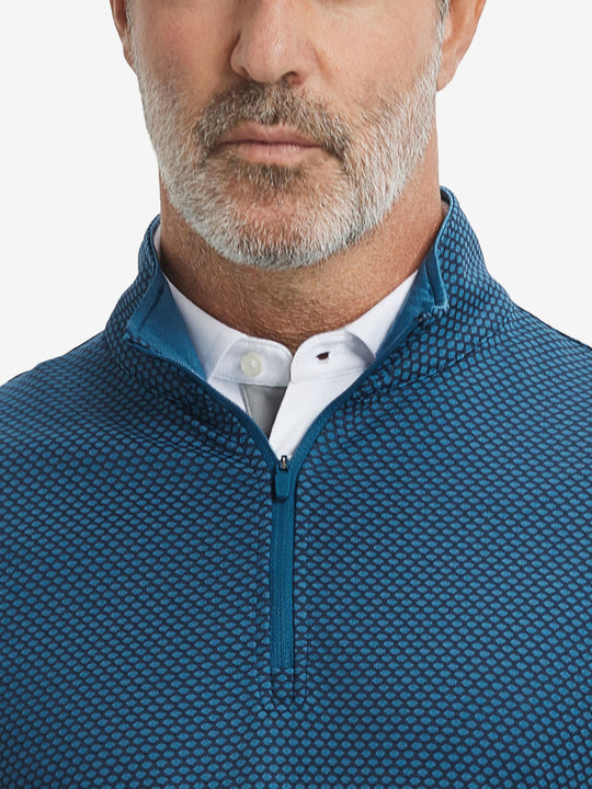 Close-up of collar area on jacquard quarter zip pullover in navy/blue, highlighting refined jacquard detail.