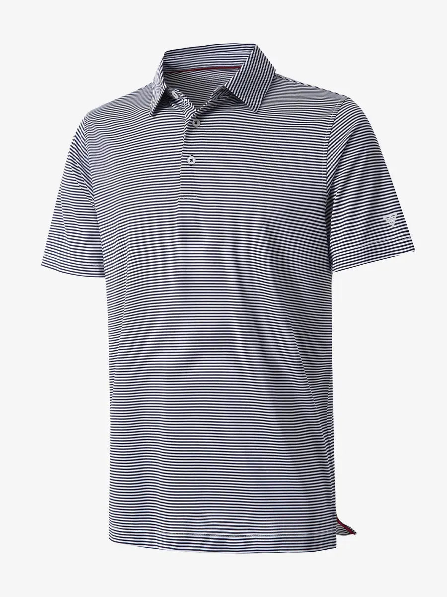 3D visualization of Cooling Stripe Golf Shirt in NAVY STRIPE, emphasizing stripe pattern and texture