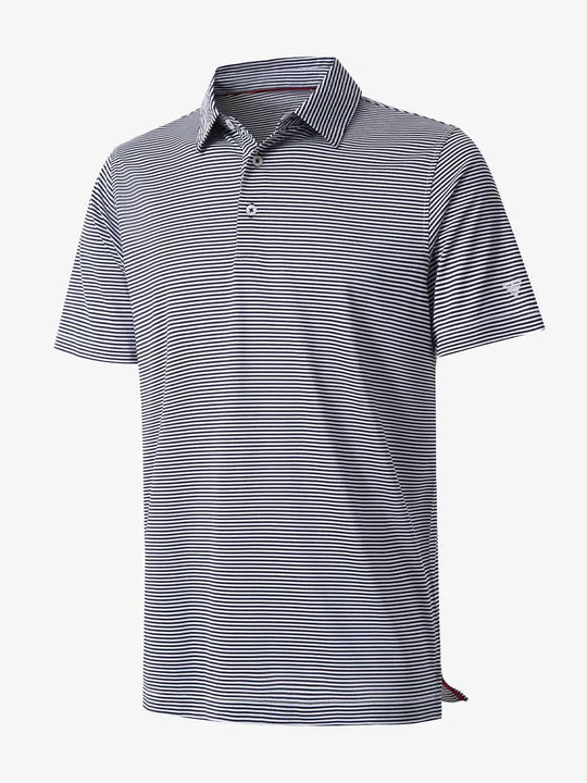 3D visualization of Cooling Stripe Golf Shirt in NAVY STRIPE, emphasizing stripe pattern and texture