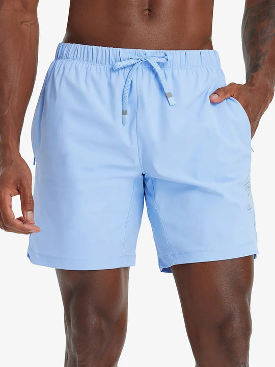 Front lower-body view from waist to knees of model wearing LIGHT BLUE 2 in 1 Running Sports Shorts with Liner