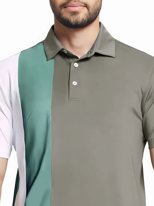 Front half-body view from nose to chest of model wearing DARK KHAKI Moisture Wicking Color Block Polo Shirt.