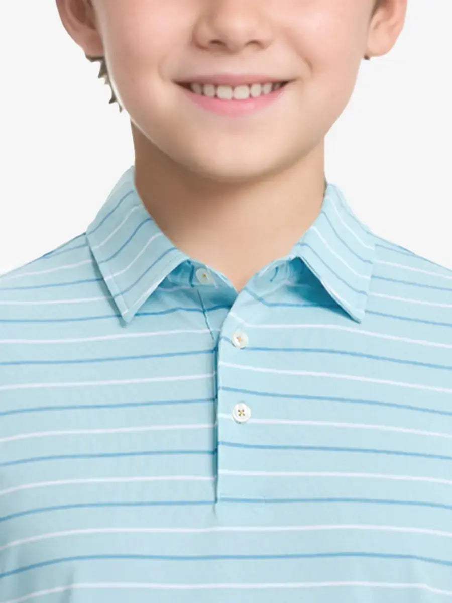 Front half-body view from nose to chest of child wearing ICED AQUA STRIPE Kids Stylish Stripe Polo Shirt.