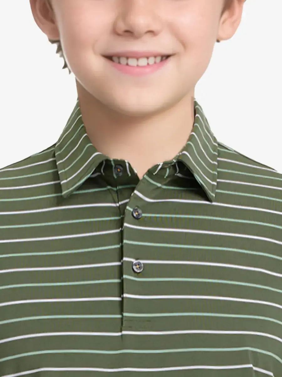 Front half-body view from nose to chest of child wearing OLIVE GREEN STRIPE Kids Stylish Stripe Polo Shirt.