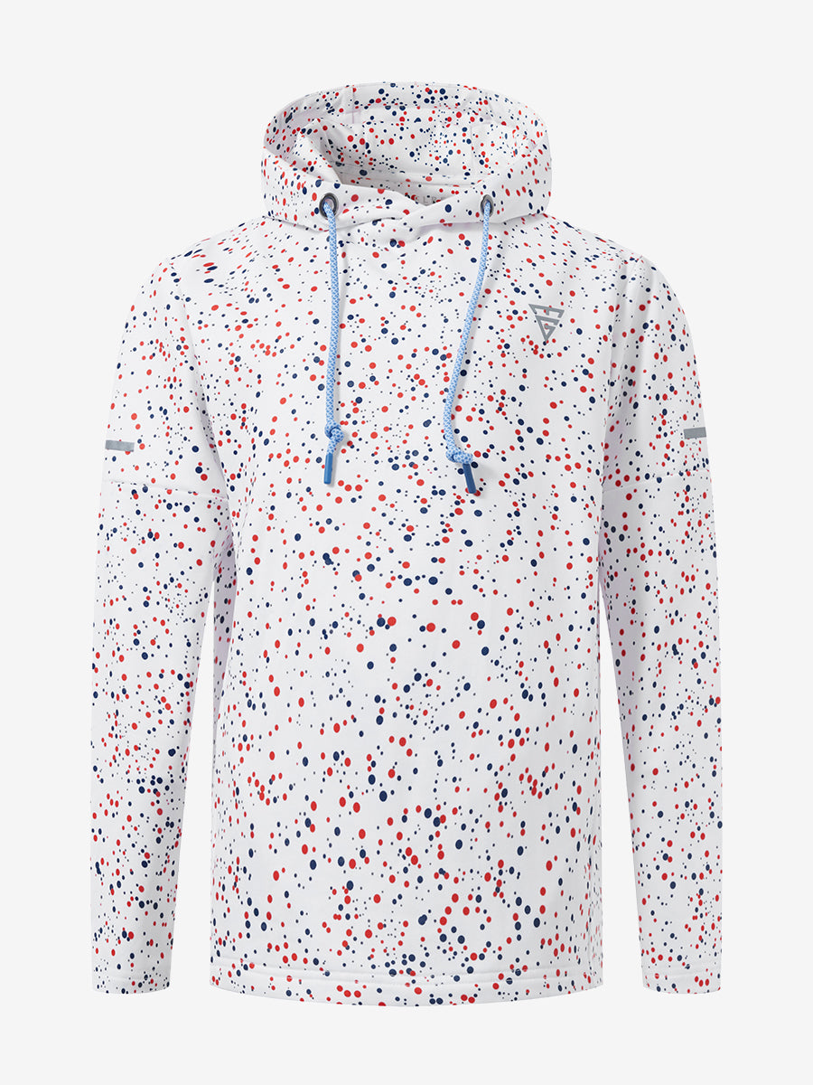 Front 3D view of youth full print hoodies pullover showing detailed fabric and fit, white polka dots.
