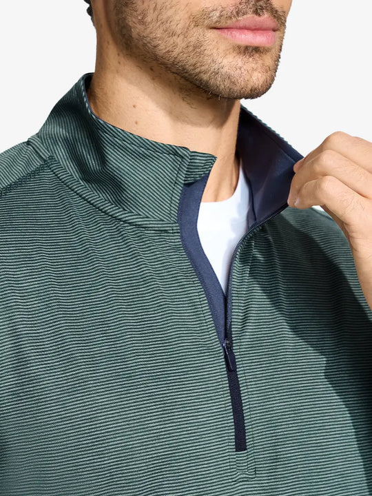 Front view from nose to chest of model wearing Pinstripe Quarter Zip Pullover – DARK GREEN MELANGE