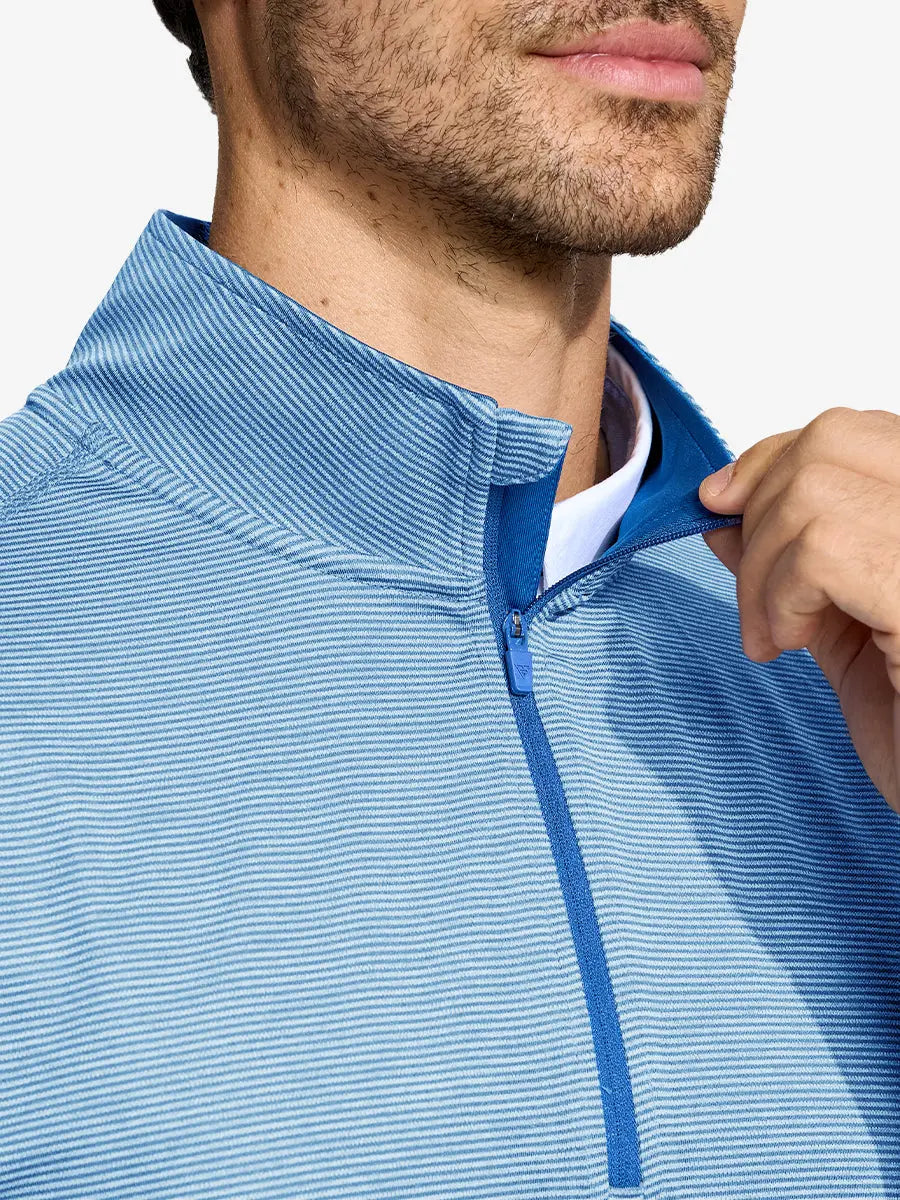 Front view from nose to chest of model wearing Pinstripe Quarter Zip Pullover – LIGHT BLUE MELANGE