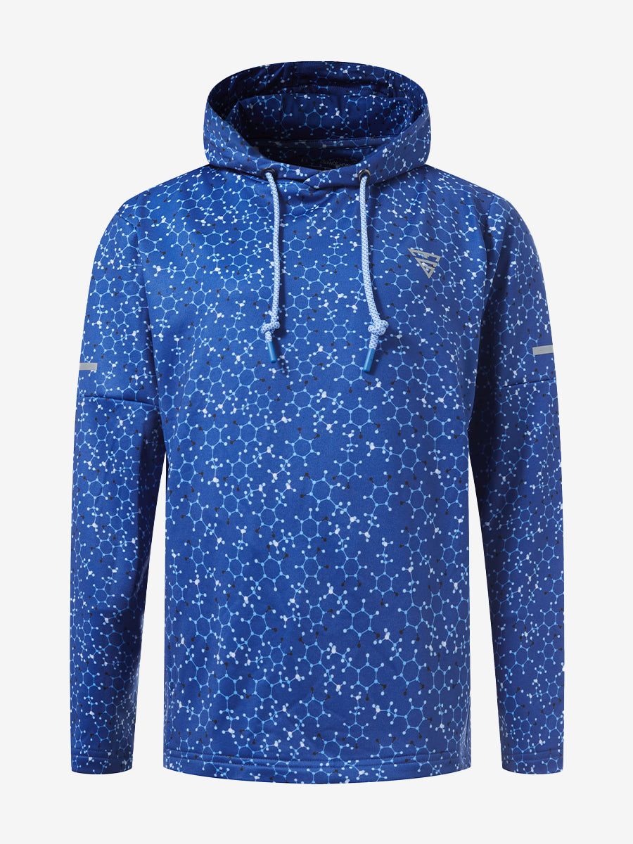 Front 3D view of youth full print hoodies pullover showing detailed fabric and fit, blue molecular structure.