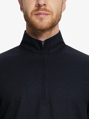 Front half-body view from nose down of model wearing BLACK Premium Jacquard Quarter Zip Pullover.								

