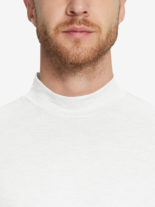Close-up collar view from nose to chest, showing fine fabric texture of the White turtleneck.