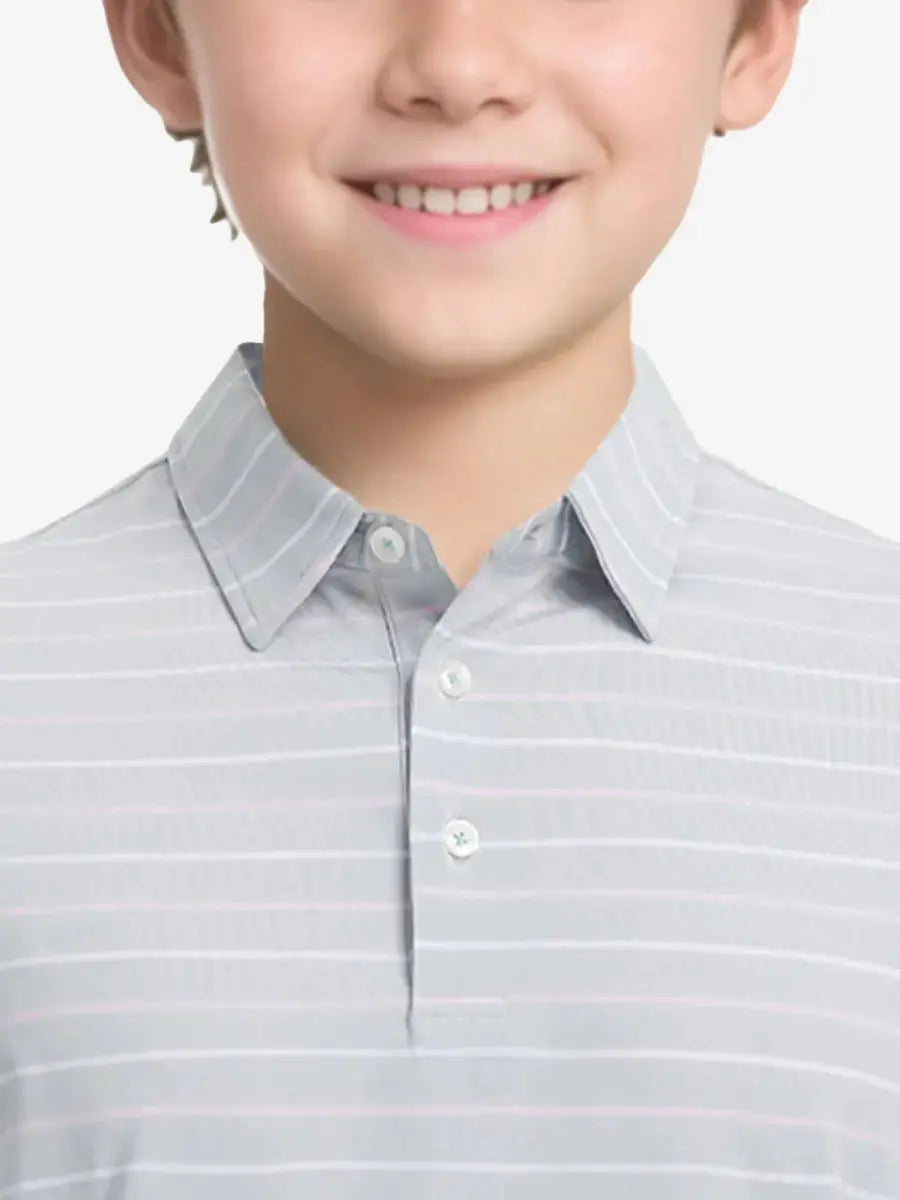 Front half-body view from nose to chest of child wearing LIGHT GREY STRIPE Kids Stylish Stripe Polo Shirt.