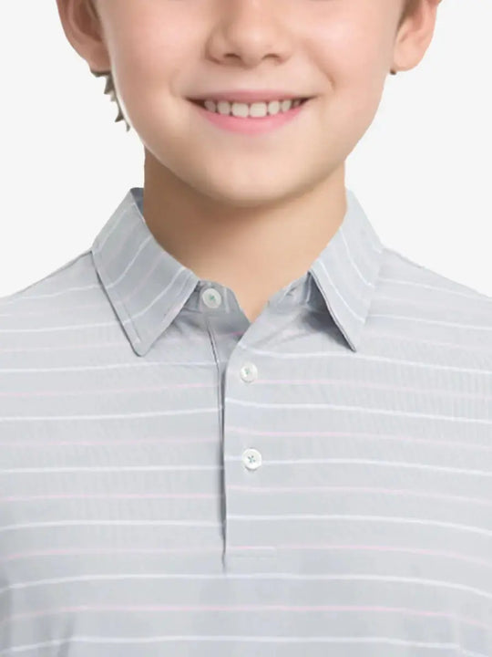 Front half-body view from nose to chest of child wearing LIGHT GREY STRIPE Kids Stylish Stripe Polo Shirt.