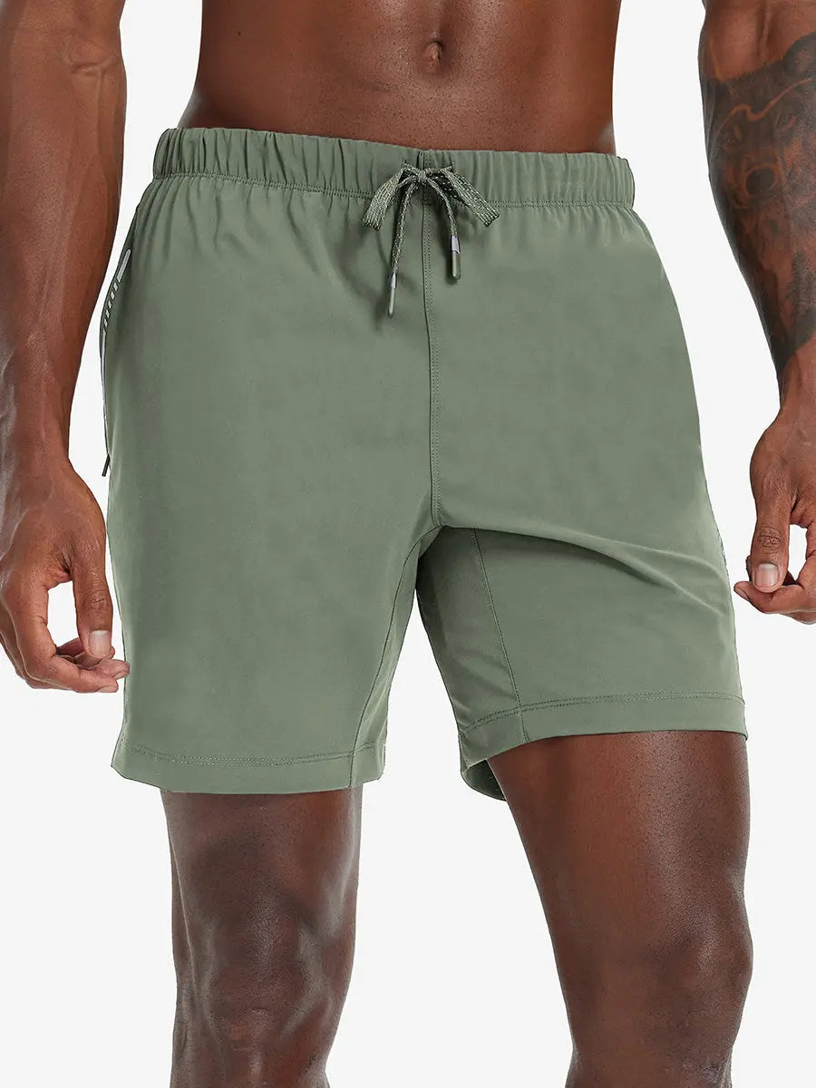 Front lower-body view from waist to knees of model wearing OLIVE GREEN 2 in 1 Running Sports Shorts with Liner