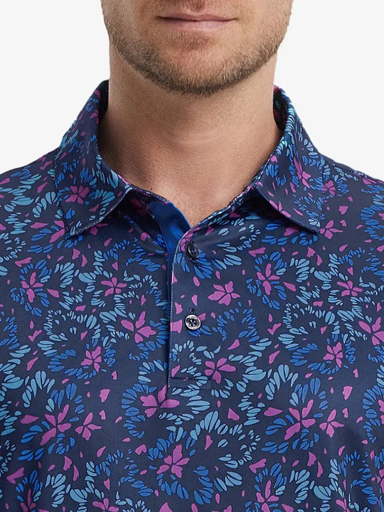 MAELREG Men's Performance Jersey Print Polo – Front chest view in Navy Colorful Flower