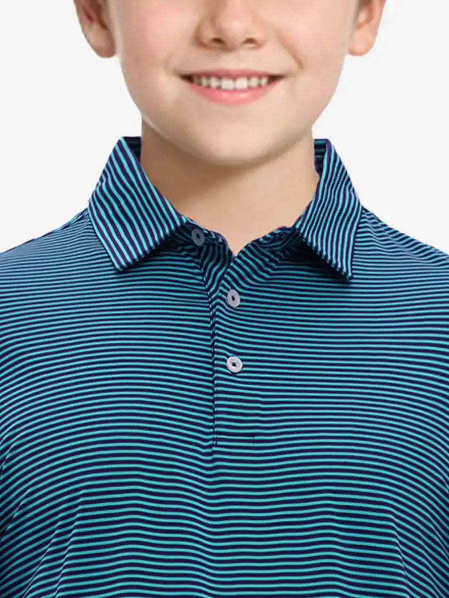 MAELREG Youth Cooling Polo – front upper-body close-up in Turquoise Stripe