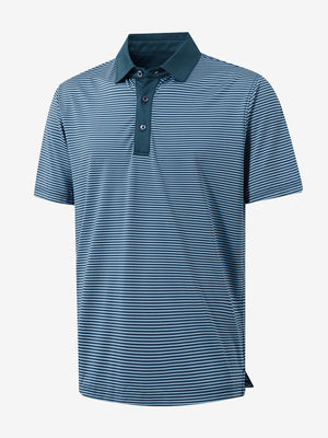 3D view of blue denim stripe upgraded two-tone striped quick dry polo shirt.