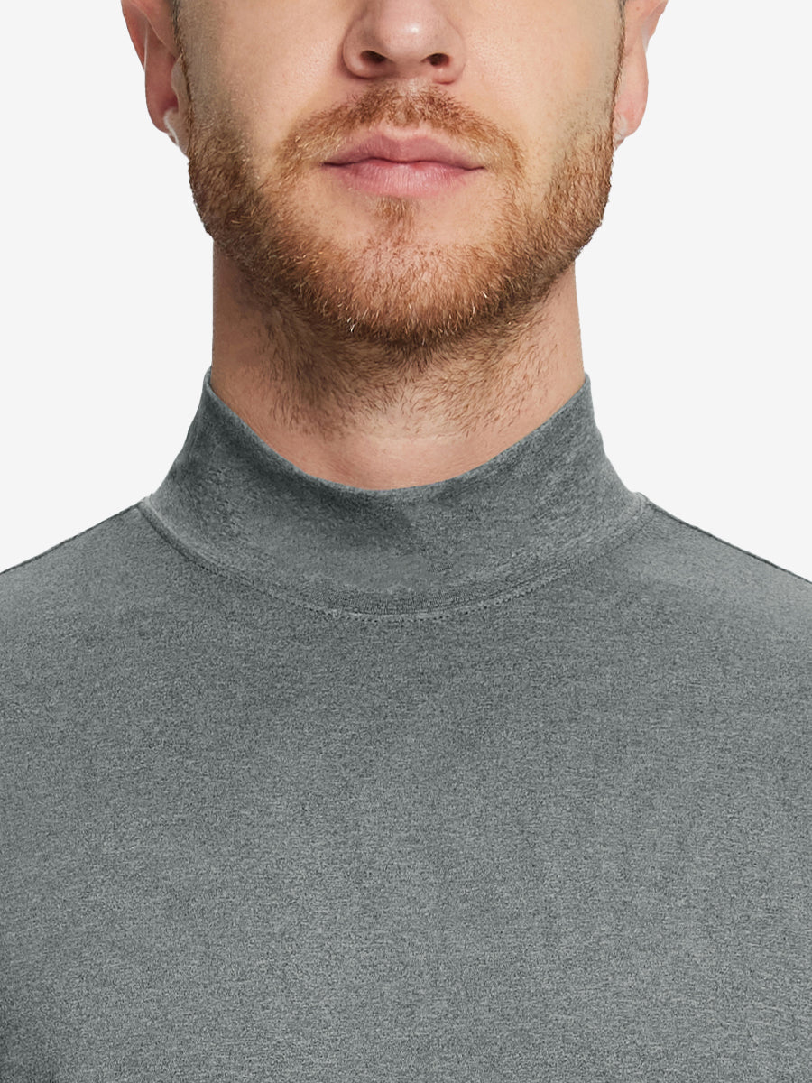 Close-up collar view from nose to chest, showing fine fabric texture of the Black Grey Heather turtleneck.